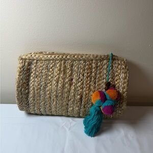Shiraleah Woven Straw Clutch with Colorful Pom-Pom Accent